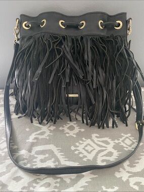 Rebecca Minkoff Black Leather Fringe Bucket Bag with Snap and Drawstring Closure